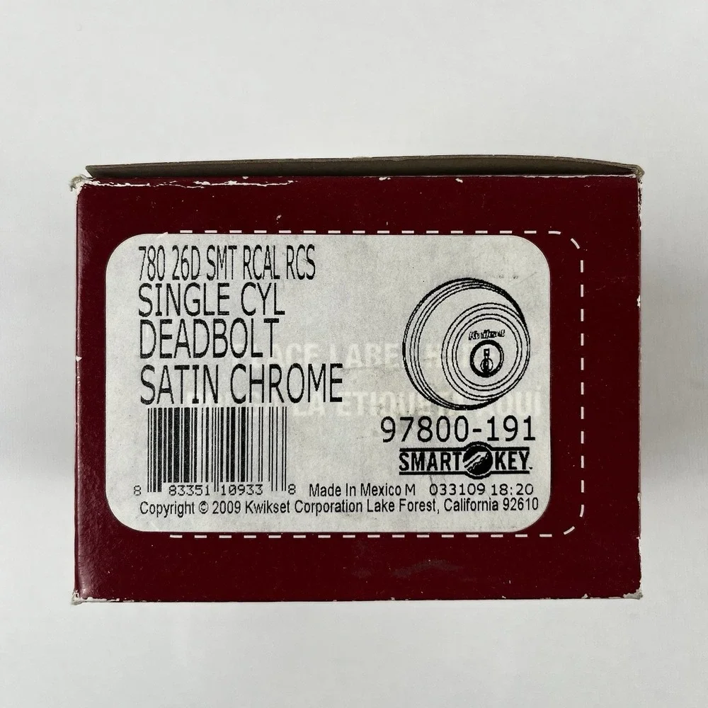 Kwikset 780 26D Deadbolt Single Cylinder Satin Chrome Smart Key NOS Year 2009